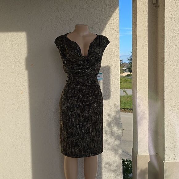 BRAND NEW ANNE KLEIN DRAPERS NECK SEQUINS EMBELLISHED KNEE-LENGTH DRESS - Picture 3 of 12